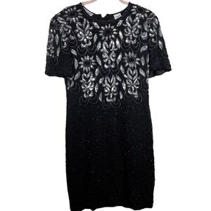 Vtg 80s Night Vogue Floral Beaded Sequin 100% Silk Dress